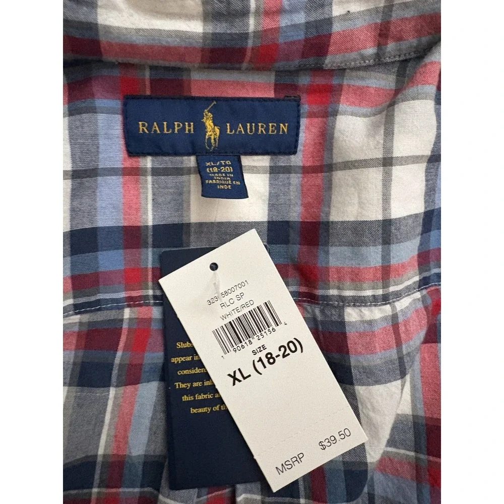 NEW Polo Ralph Lauren Boy's Button-Down Short Sleeve Shirt White Red Navy XLARGE - Picture 4 of 12